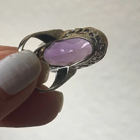 ANTIQUE 18K WHITE GOLD FILIGREE RING with FINE NATURAL  AMETHYST,ART DECO,1920's - Picture 6 of 9